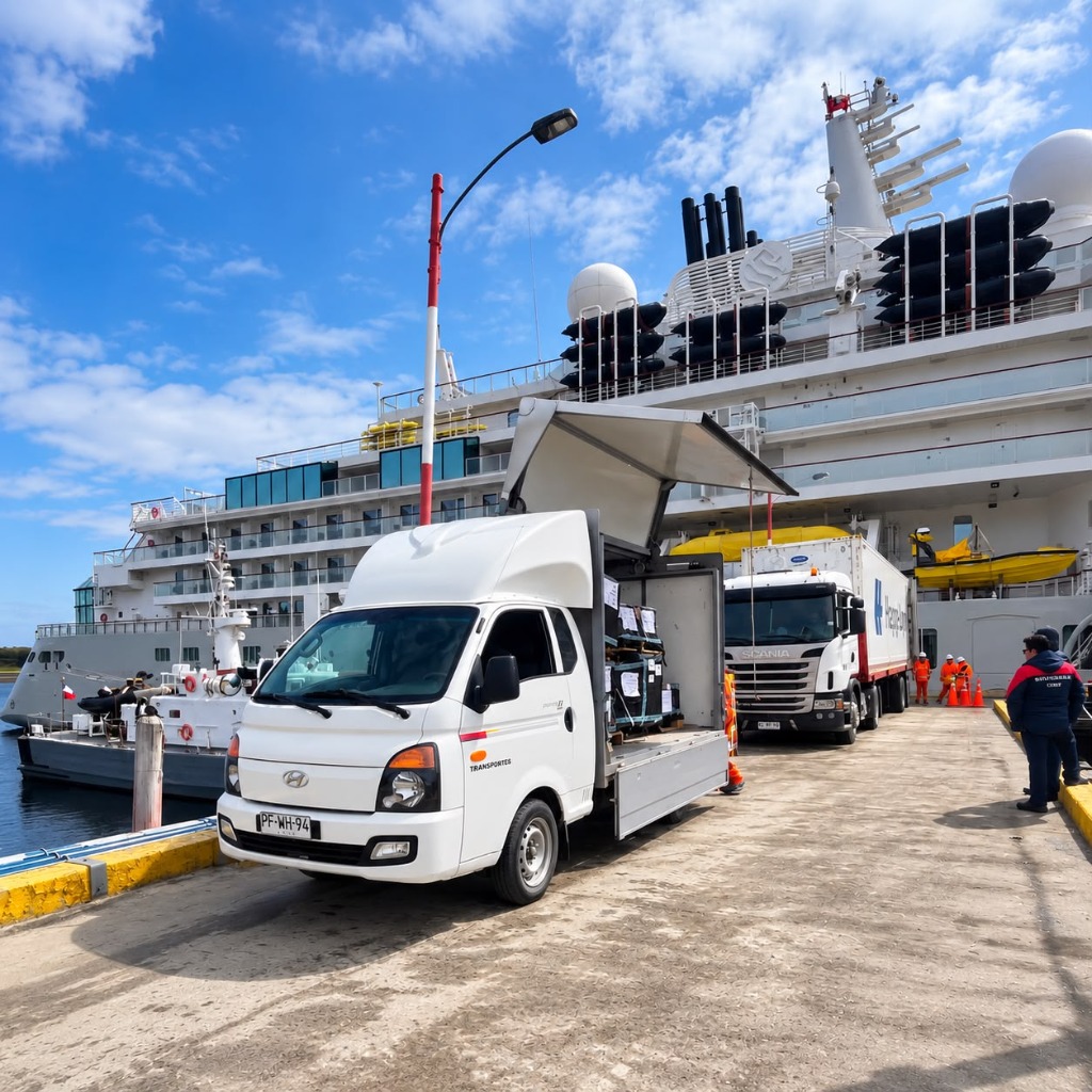 Camión Antartic Cargo en el Muelle de Puerto Williams junto a crucero de expedición